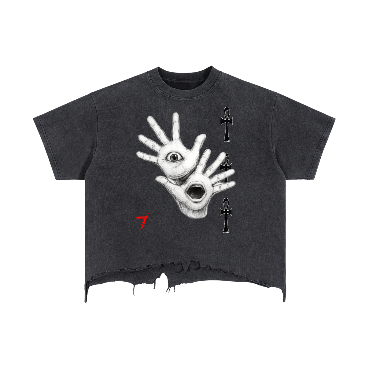 Hands EYE Vintage Wash Boxy Distressed Hem T-Shirt