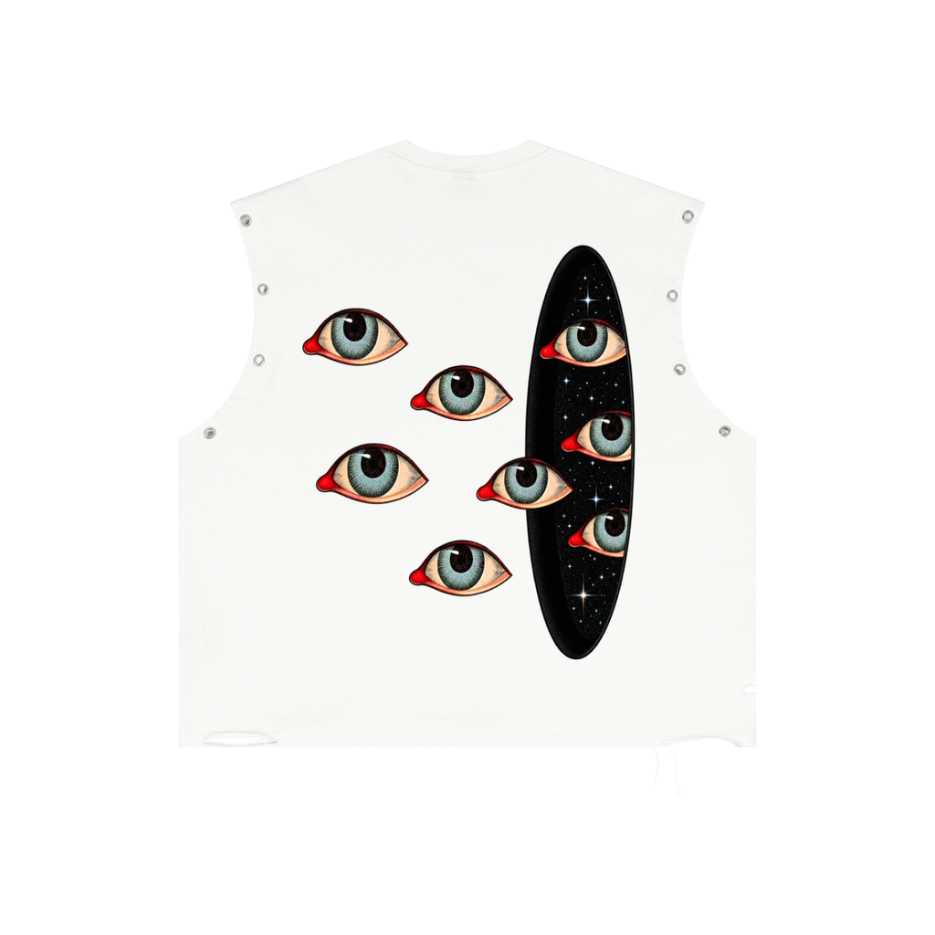 to many eyes distressed tank top