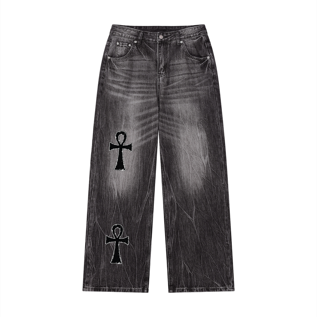Ankh Men’s Vintage Wash Wide Leg Jeans