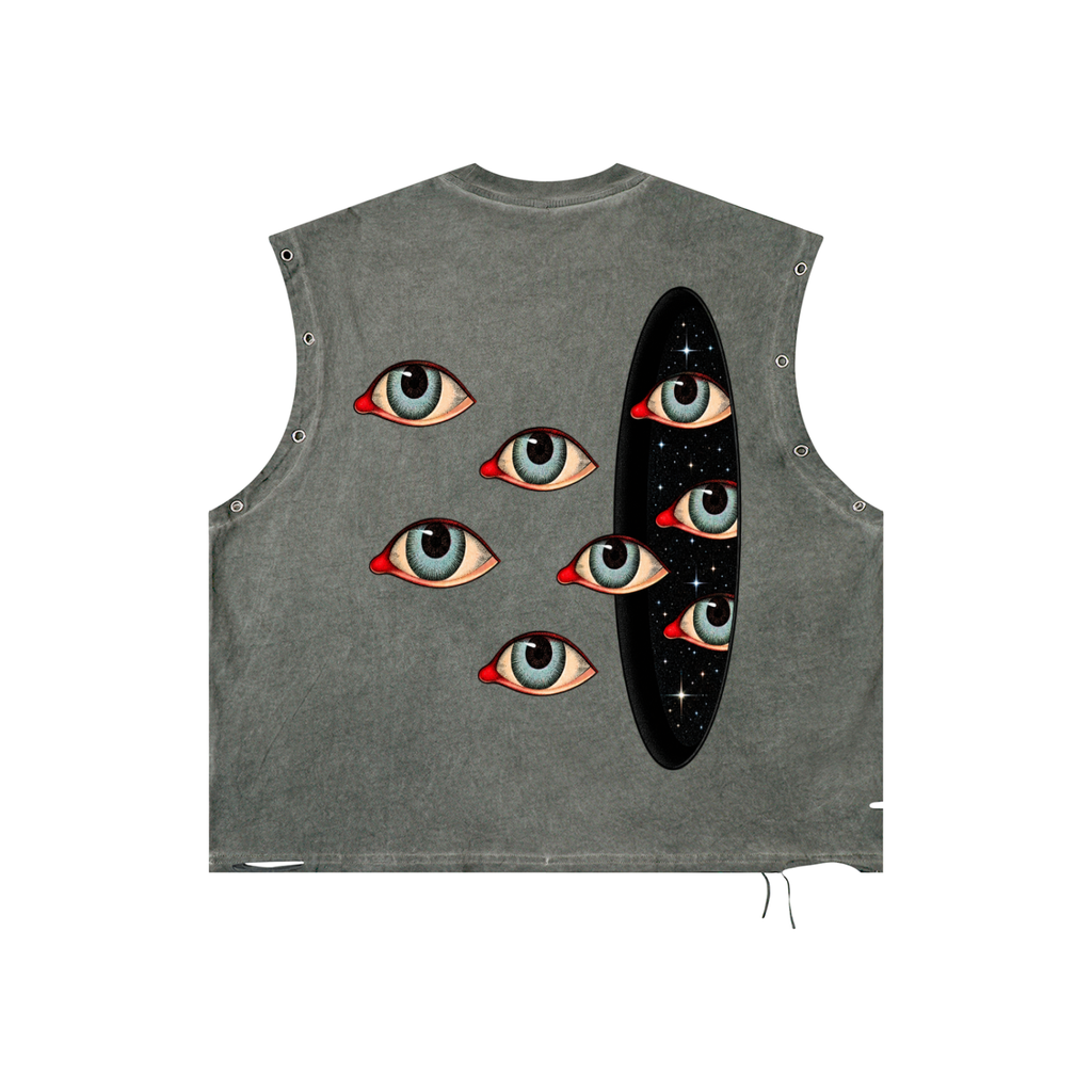 to many eyes distressed tank top