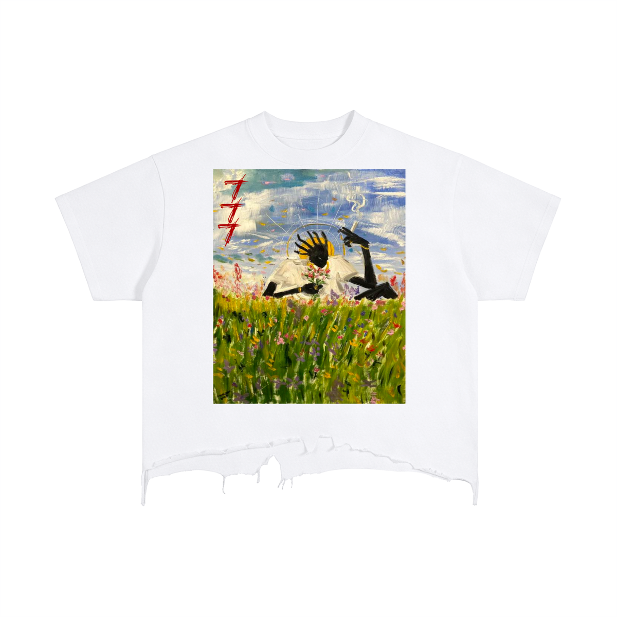 Sun Man Distressed Hem T-Shirt