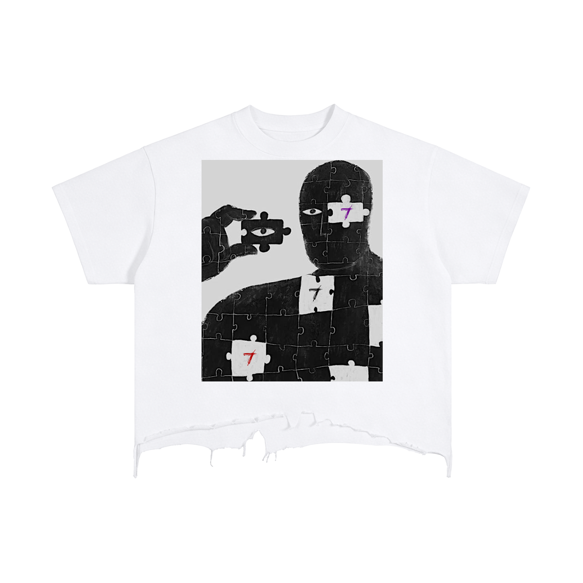 Puzzle eye Distressed Hem T-Shirt