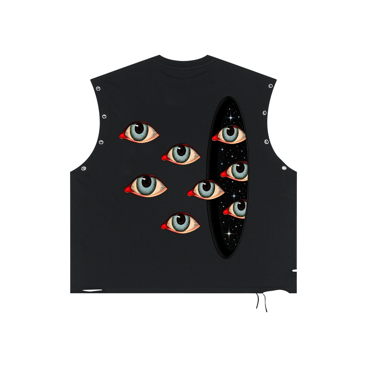 to many eyes distressed tank top