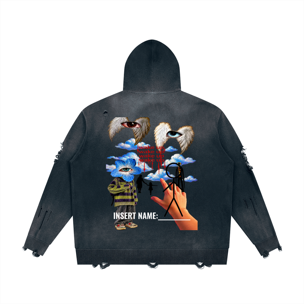 wake up Distressed Full Zip Sweater