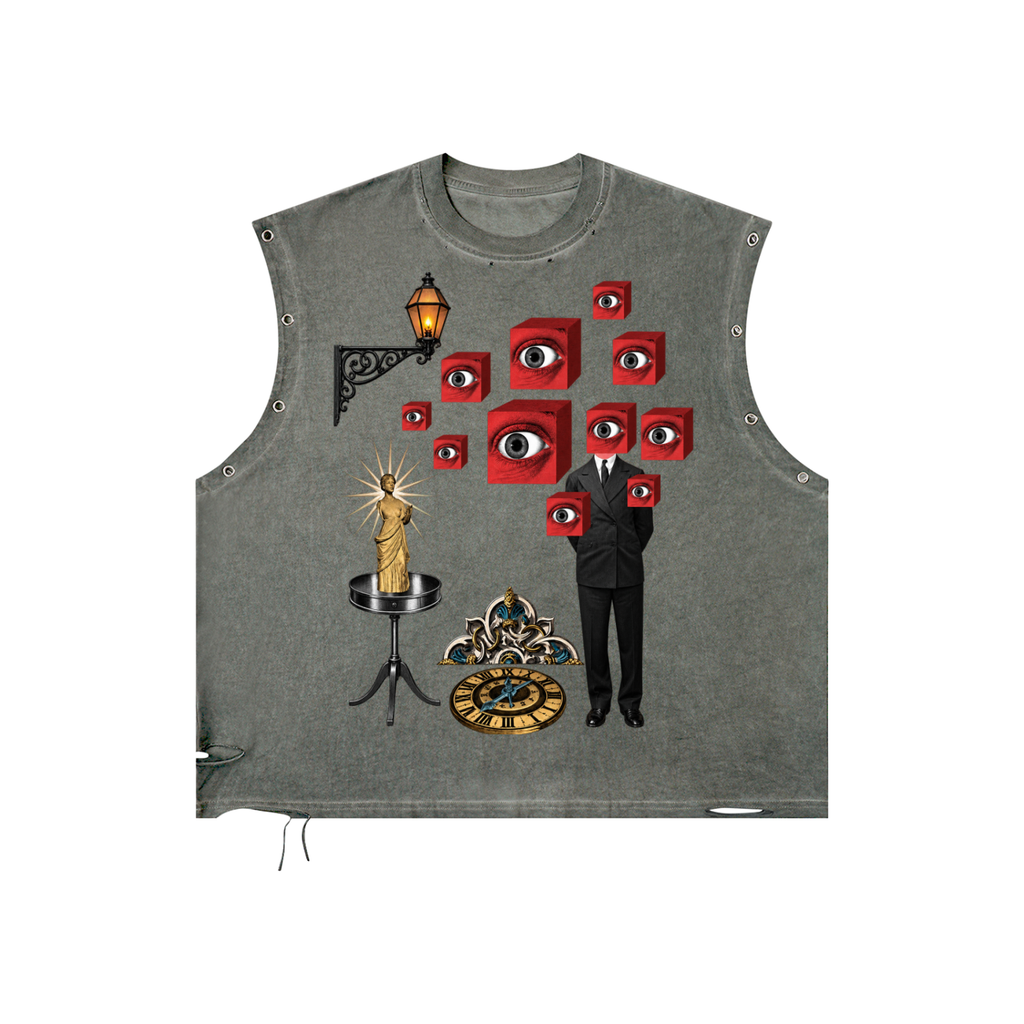 to many eyes distressed tank top