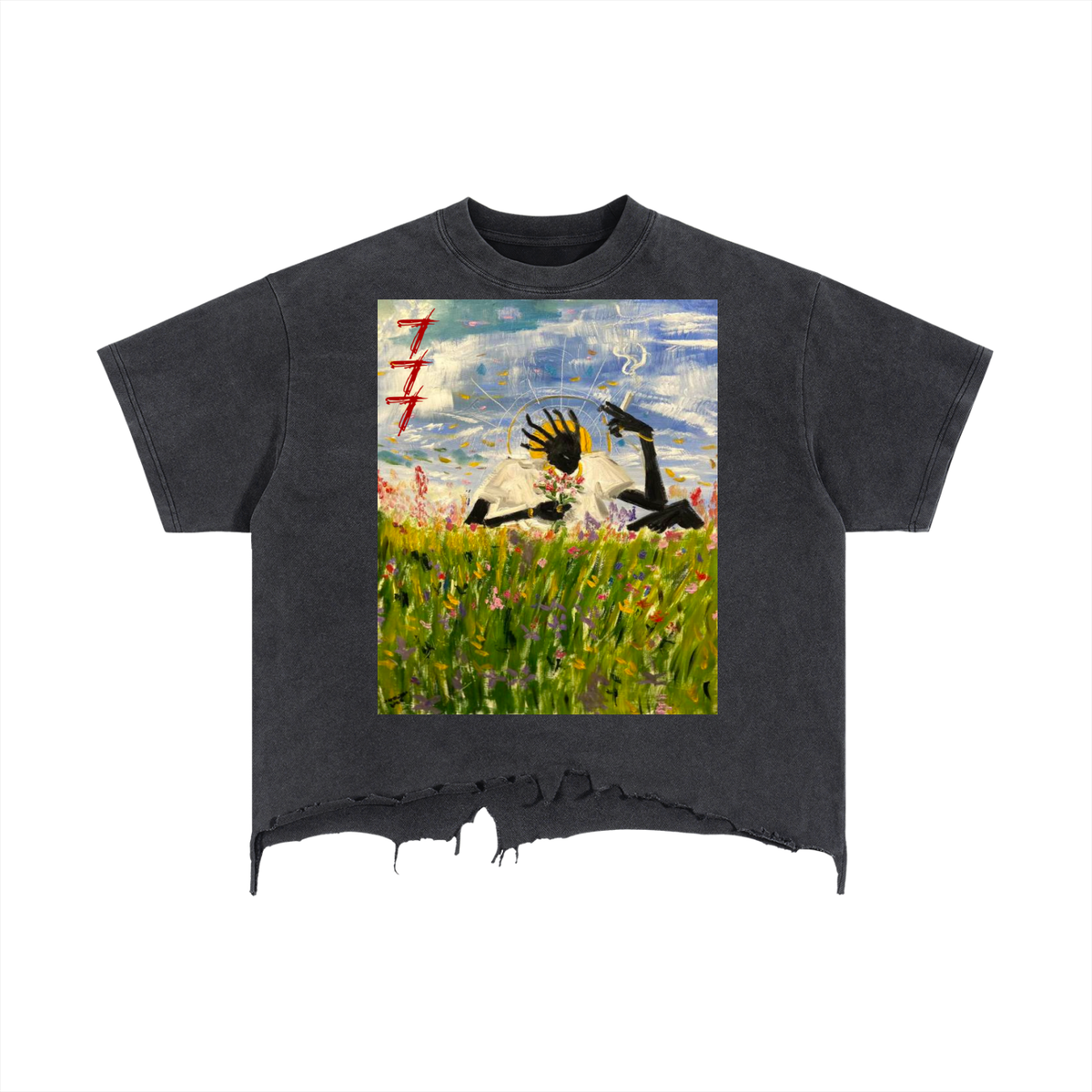 Sun Man Distressed Hem T-Shirt