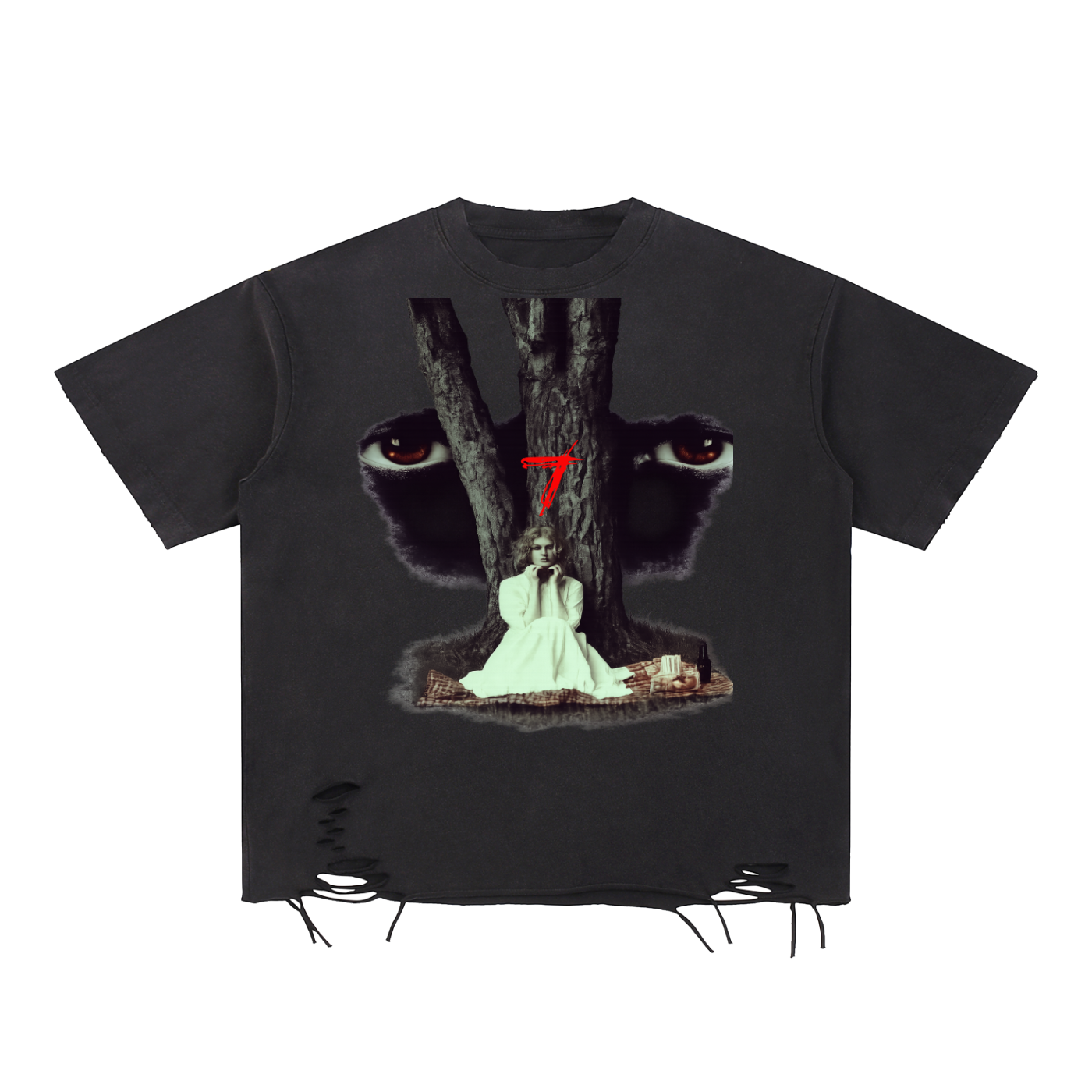2 eyes Washed Raw-Hem T-Shirt