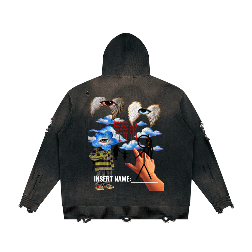 wake up Distressed Full Zip Sweater